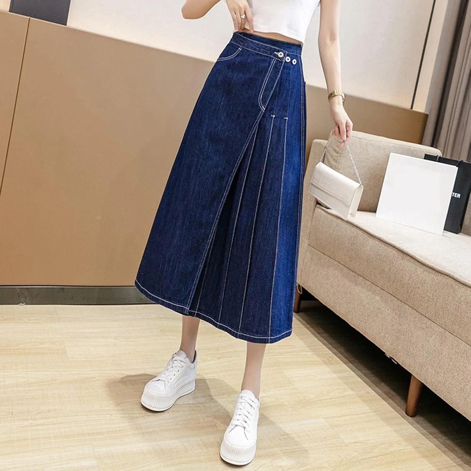 Women's Retro high Waisted Pleated Long Skirt, Large Swing Denim Skirt, Slim fit A-line Swing Denim Long Skirt