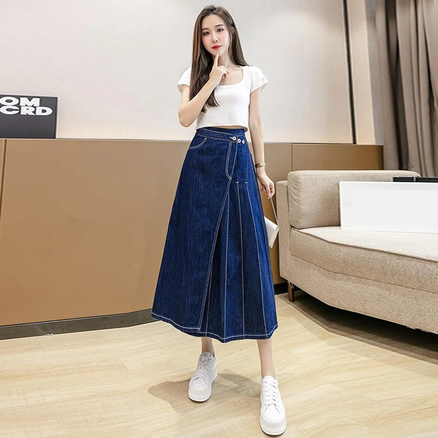 Women's Retro high Waisted Pleated Long Skirt, Large Swing Denim Skirt, Slim fit A-line Swing Denim Long Skirt