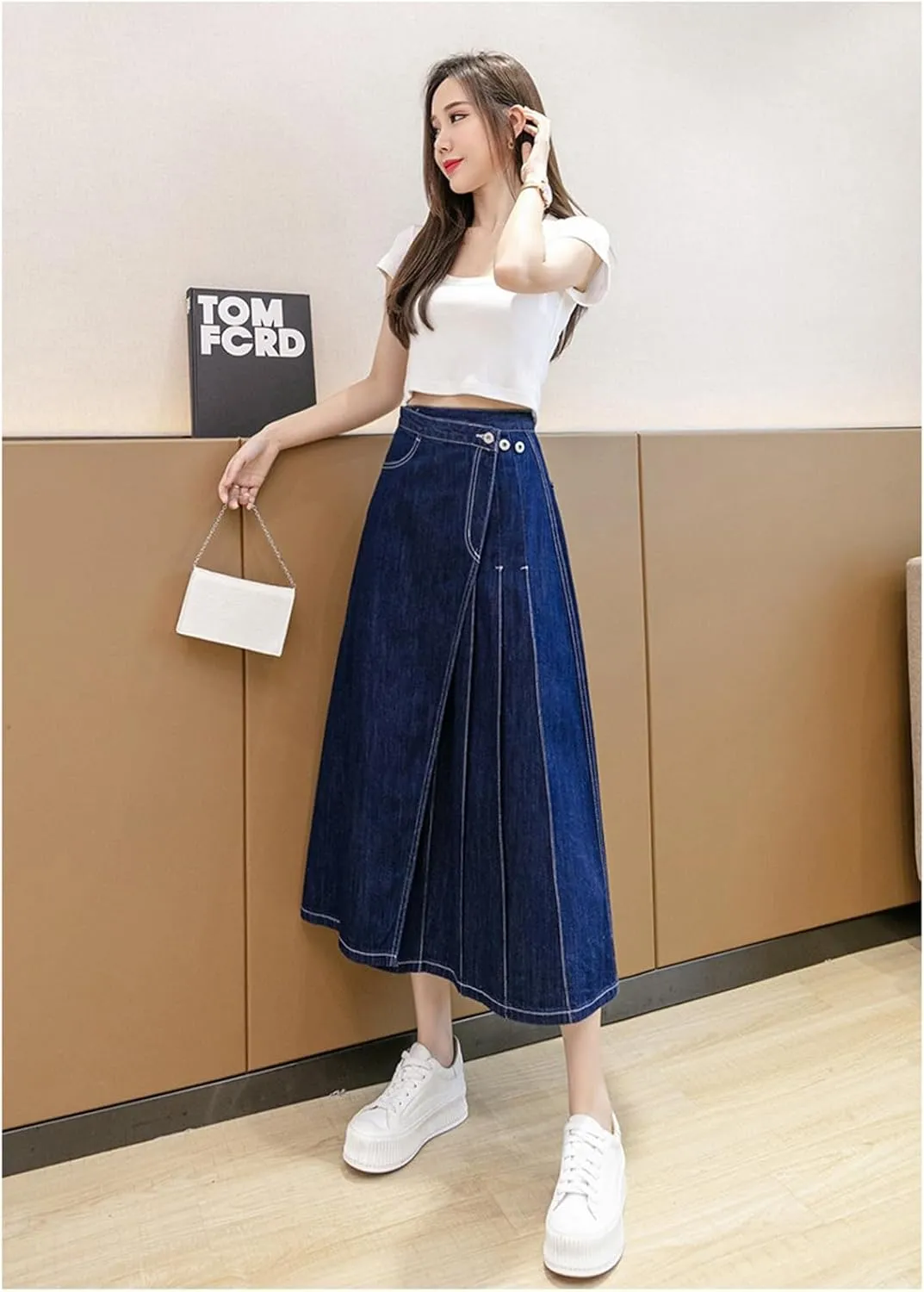 Women's Retro high Waisted Pleated Long Skirt, Large Swing Denim Skirt, Slim fit A-line Swing Denim Long Skirt