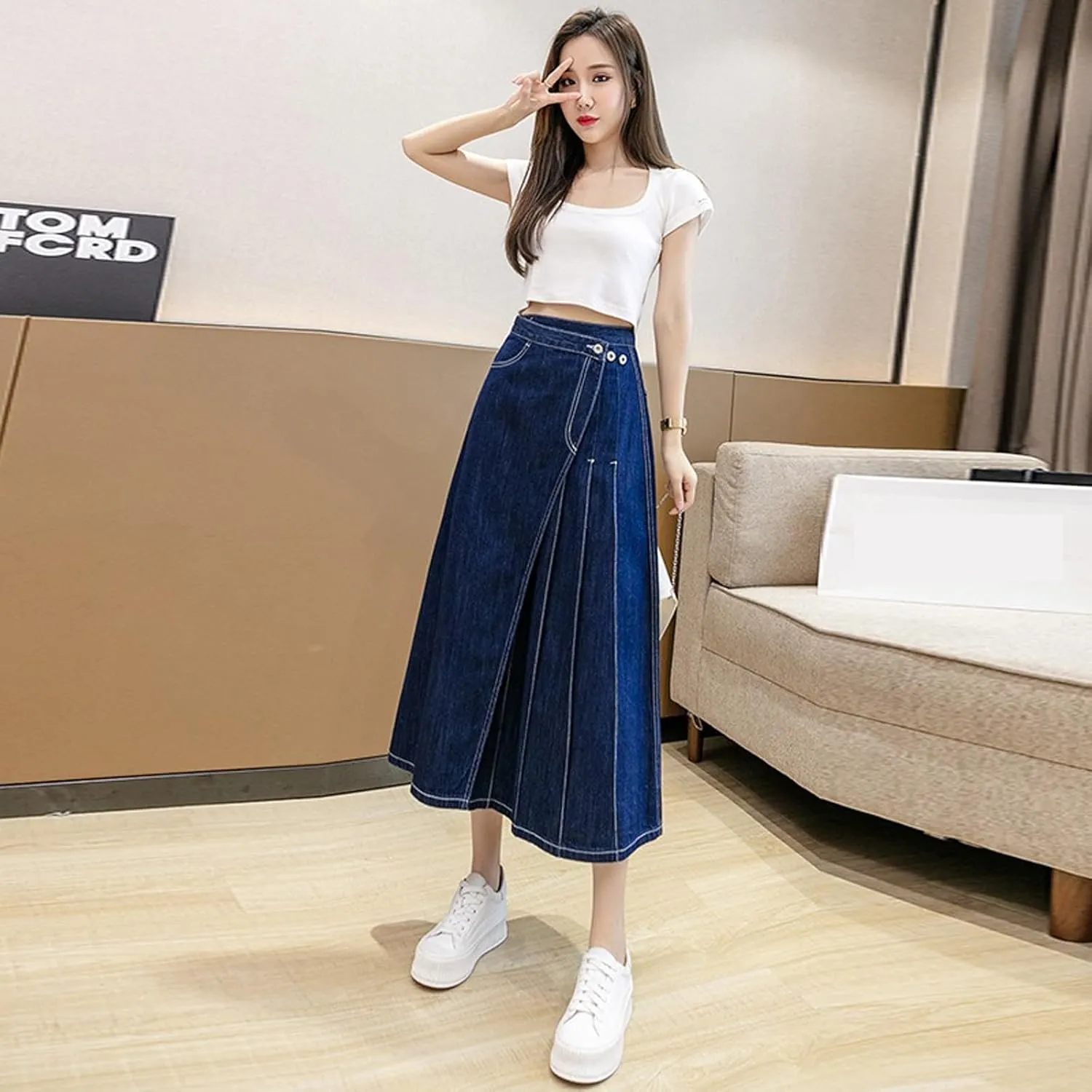 Women's Retro high Waisted Pleated Long Skirt, Large Swing Denim Skirt, Slim fit A-line Swing Denim Long Skirt