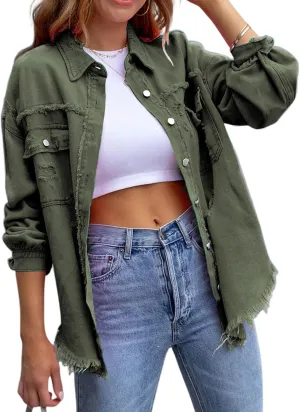 Womens Ripped Denim Jacket Oversized Boyfriend Button Front Frayed Hem Shacket Distresse Jean Coat with Pockets