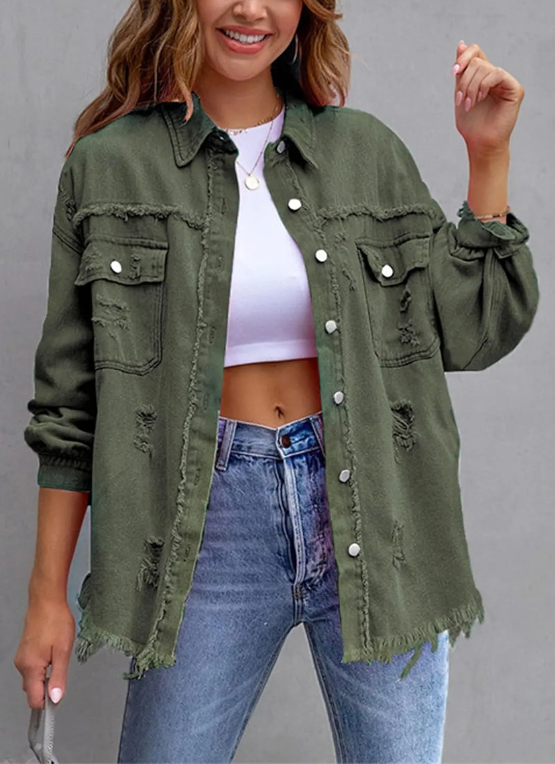 Womens Ripped Denim Jacket Oversized Boyfriend Button Front Frayed Hem Shacket Distresse Jean Coat with Pockets
