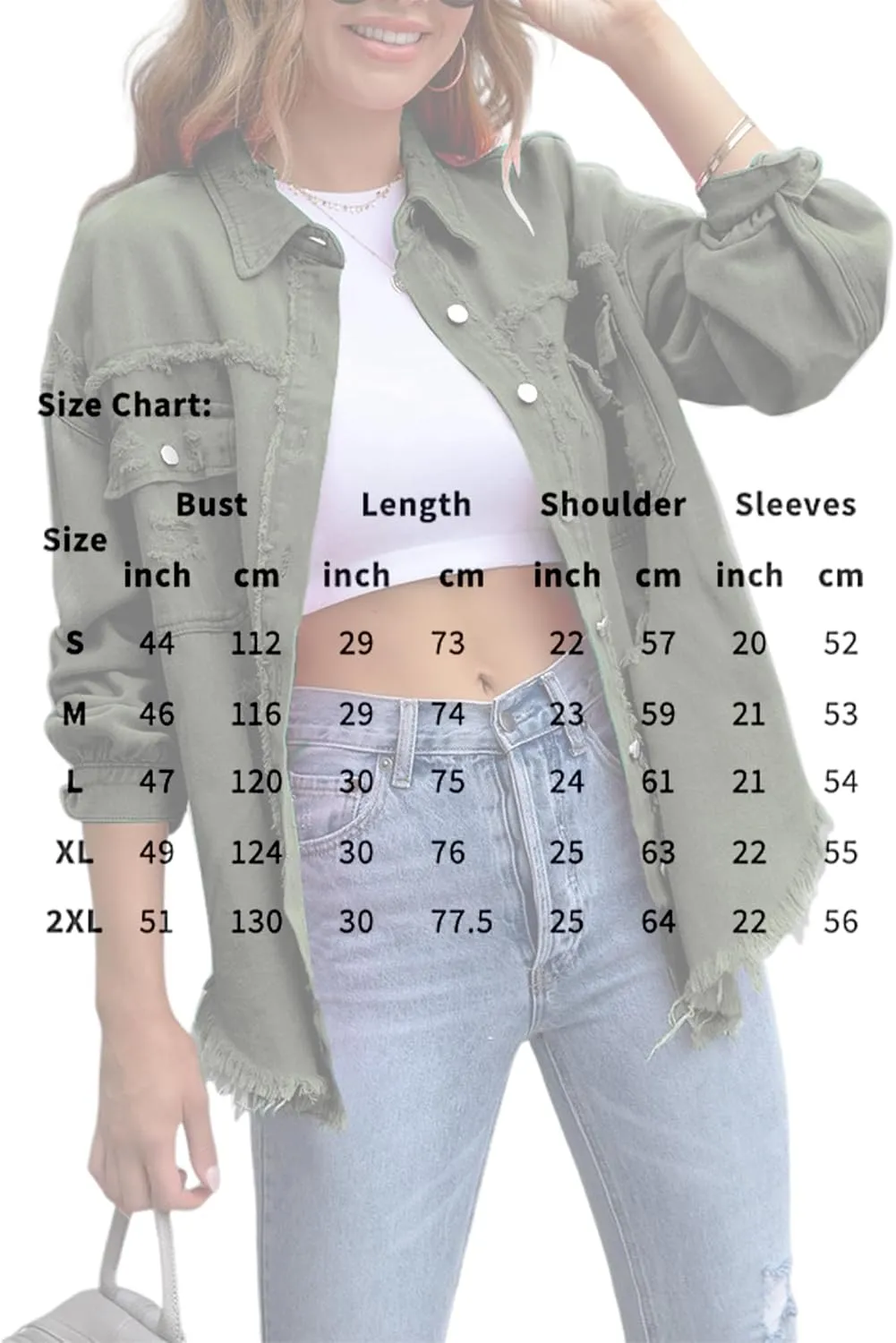 Womens Ripped Denim Jacket Oversized Boyfriend Button Front Frayed Hem Shacket Distresse Jean Coat with Pockets