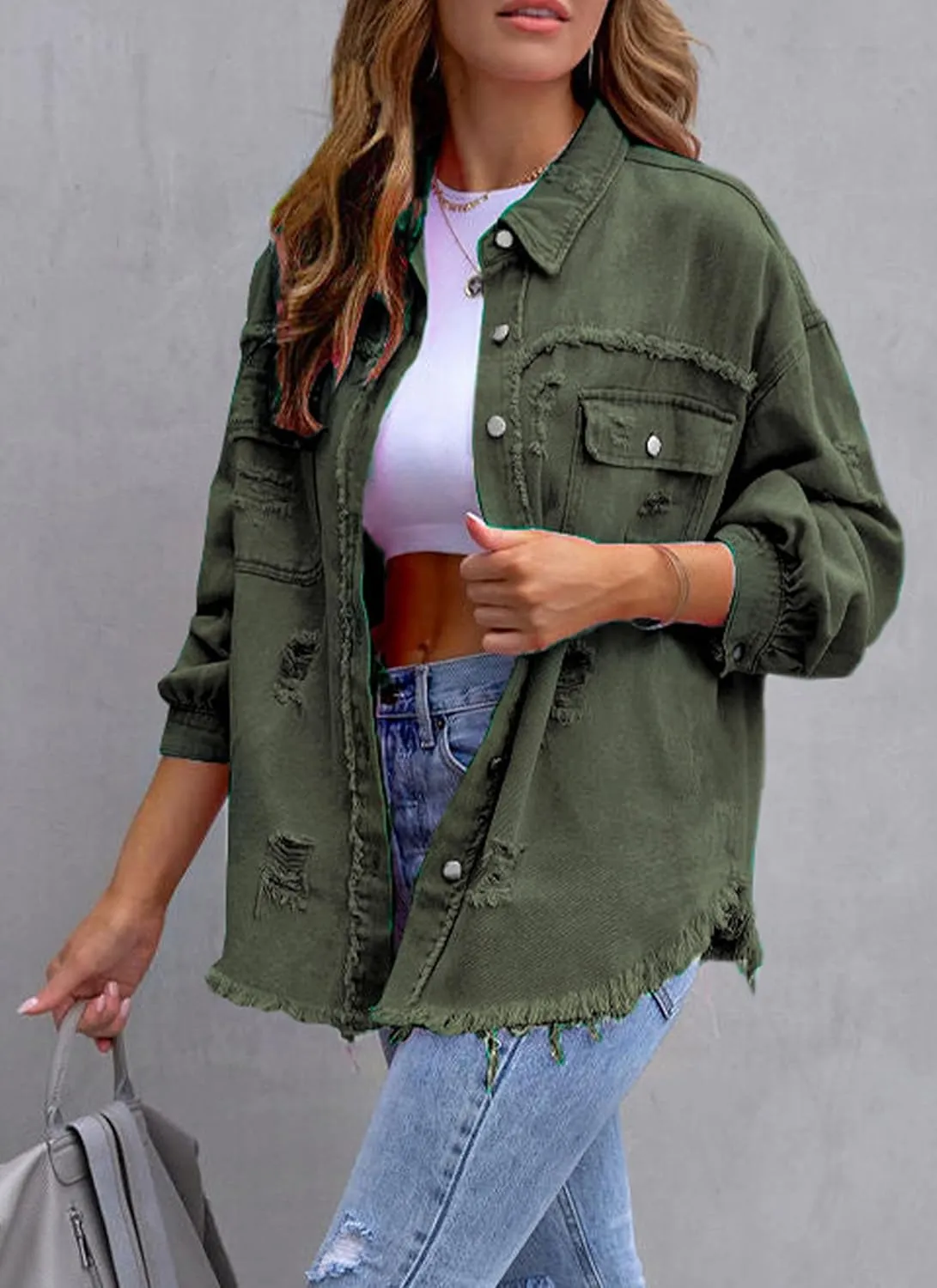 Womens Ripped Denim Jacket Oversized Boyfriend Button Front Frayed Hem Shacket Distresse Jean Coat with Pockets