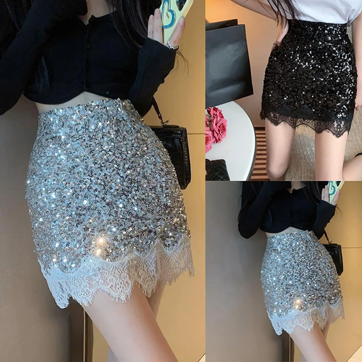 Women's Sequin Skirt for Valentine Sparkle Stretchy Bodycon Mini Glitter Skirt High Waisted 2025 Night Out Party