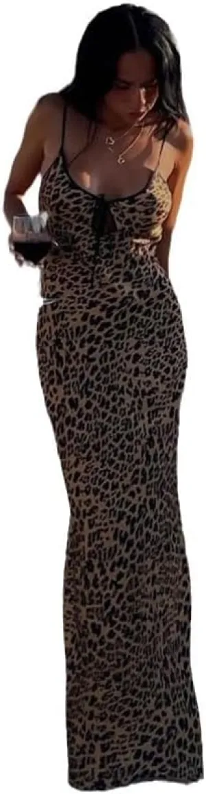 Women's Sexy Bodycon Dress Leopard Print Sleeveless Long Maxi Dresses Party Club Beach Spaghetti Strap Sundresses
