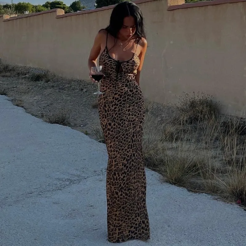 Women's Sexy Bodycon Dress Leopard Print Sleeveless Long Maxi Dresses Party Club Beach Spaghetti Strap Sundresses