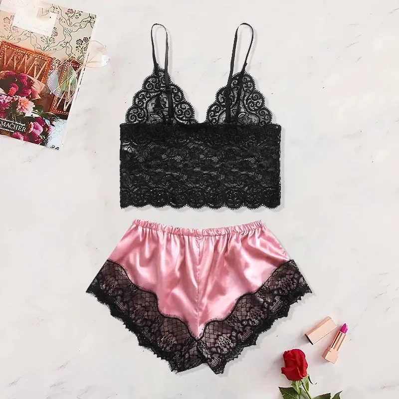 Women's Sexy Lace See-Through Pajamas Black Pink Breathable Comfortable Suspender Shorts