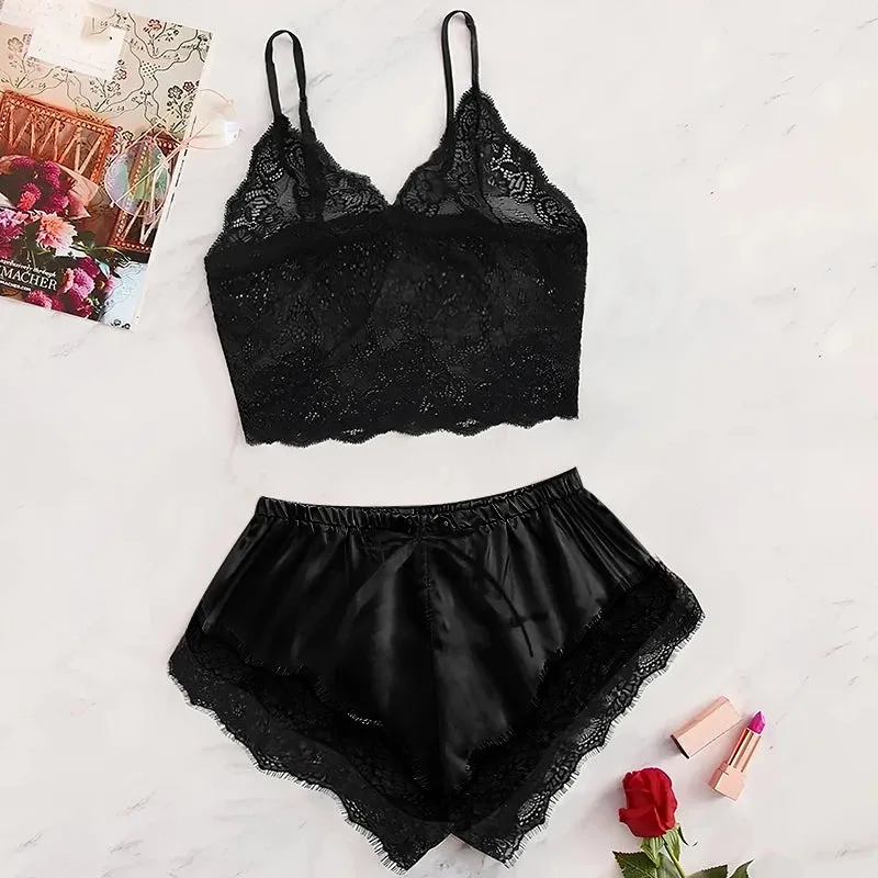 Women's Sexy Lace See-Through Pajamas Black Pink Breathable Comfortable Suspender Shorts