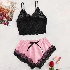 Women's Sexy Lace See-Through Pajamas Black Pink Breathable Comfortable Suspender Shorts