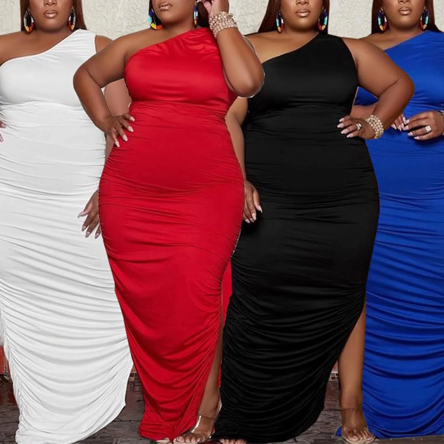 Womens Sexy Plus Size One Off Shoulder Sleeveless Bodycon Ruched Evening Pencil Party Maxi Dresss