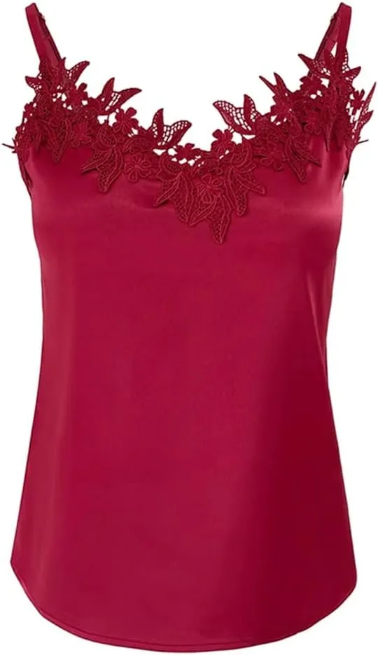 Women's Sexy Silk Satin Camis Spring Summer Tank Tops Sleeveless Patchwork Lace Camisole