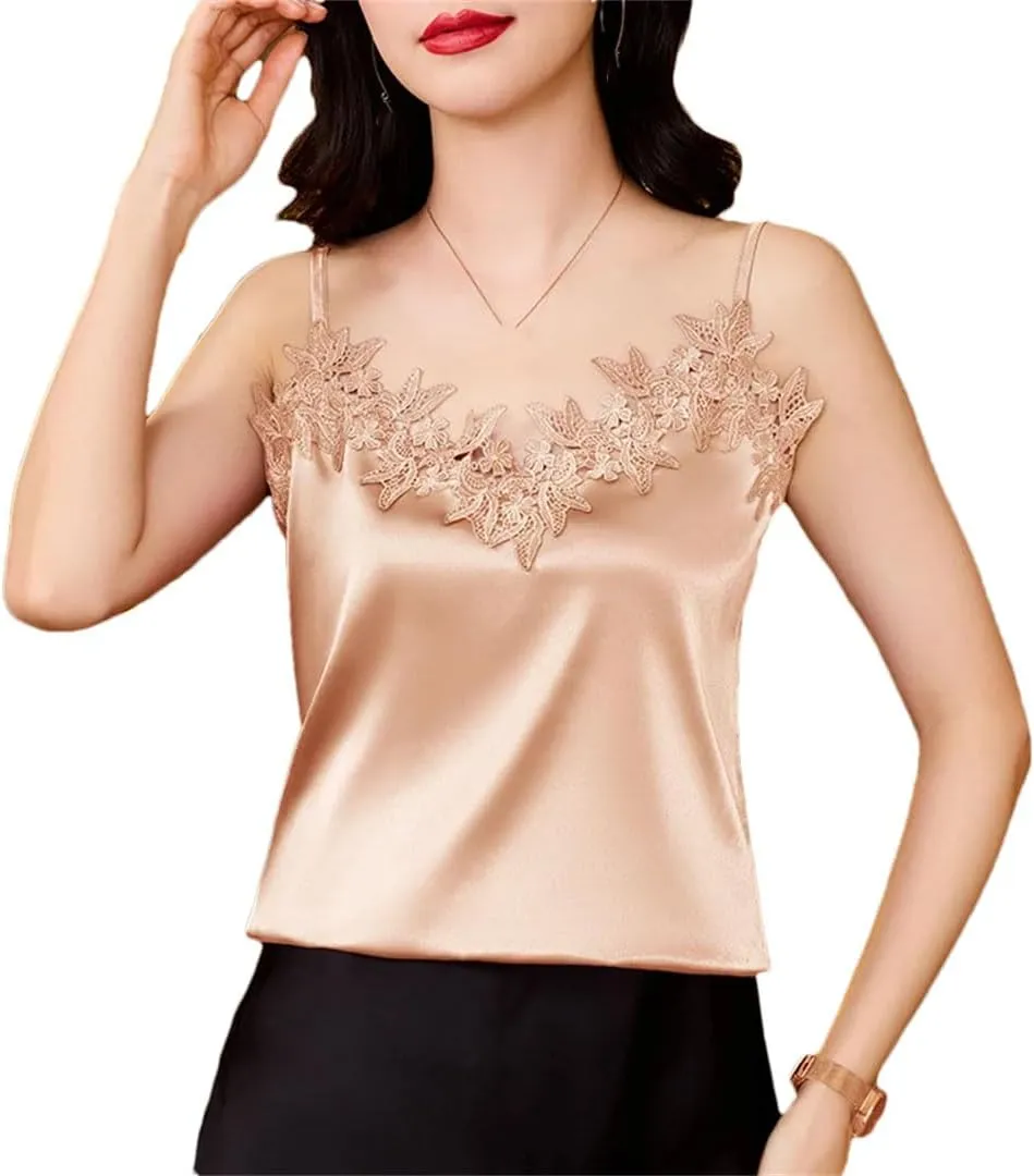 Women's Sexy Silk Satin Camis Spring Summer Tank Tops Sleeveless Patchwork Lace Camisole