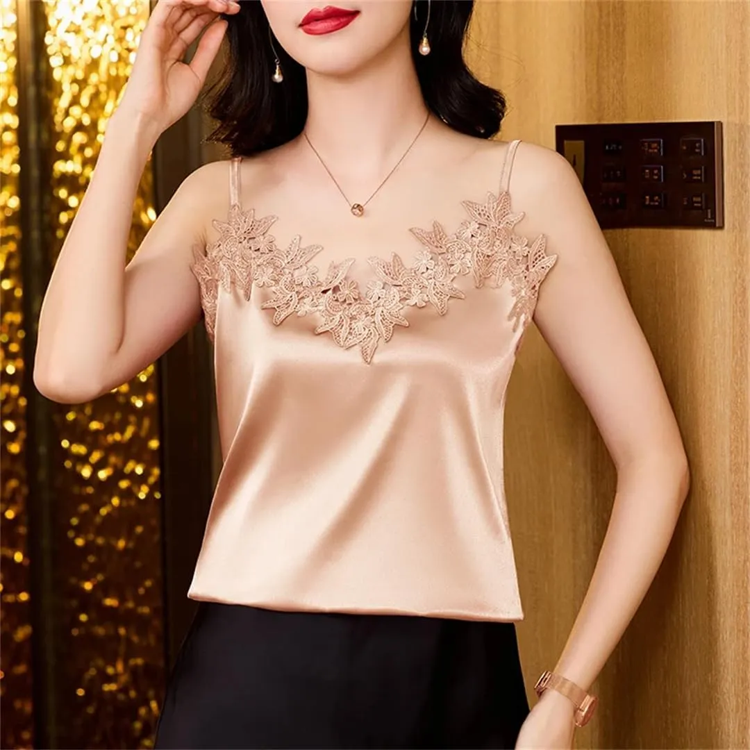 Women's Sexy Silk Satin Camis Spring Summer Tank Tops Sleeveless Patchwork Lace Camisole