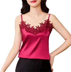 Women's Sexy Silk Satin Camis Spring Summer Tank Tops Sleeveless Patchwork Lace Camisole