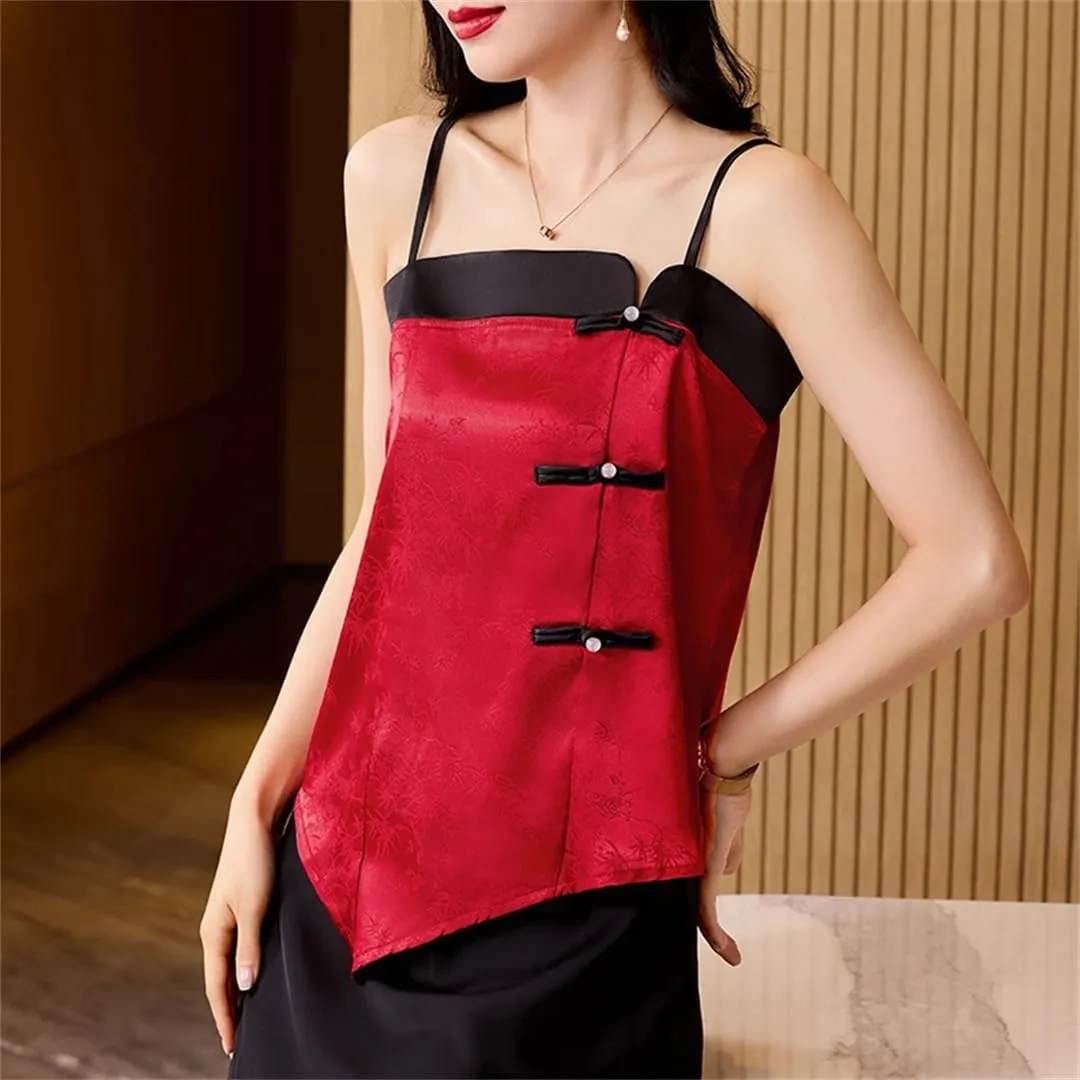 Women's Sexy Silk Satin Vest Camis Spring Summer Sleeveless Patchwork Camisole Tank Tops