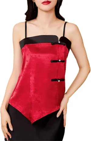 Women's Sexy Silk Satin Vest Camis Spring Summer Sleeveless Patchwork Camisole Tank Tops