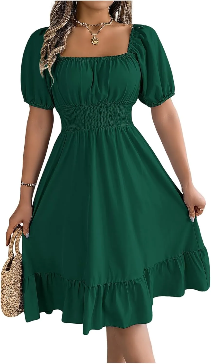Women's Smocked Short Dress 2024 Casual Puff Short Sleeve Square Neck Ruffle Hem Midi Dress Beach Sundresses for Women