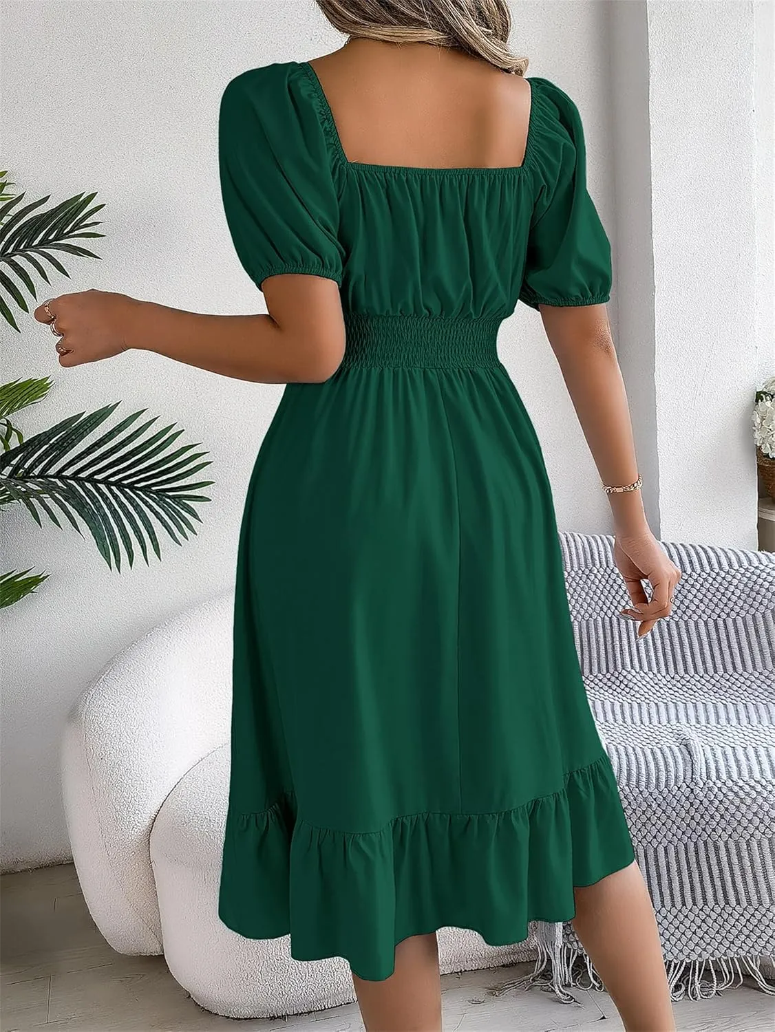 Women's Smocked Short Dress 2024 Casual Puff Short Sleeve Square Neck Ruffle Hem Midi Dress Beach Sundresses for Women