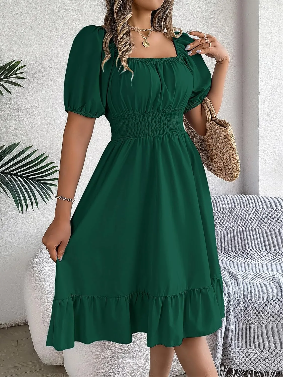 Women's Smocked Short Dress 2024 Casual Puff Short Sleeve Square Neck Ruffle Hem Midi Dress Beach Sundresses for Women