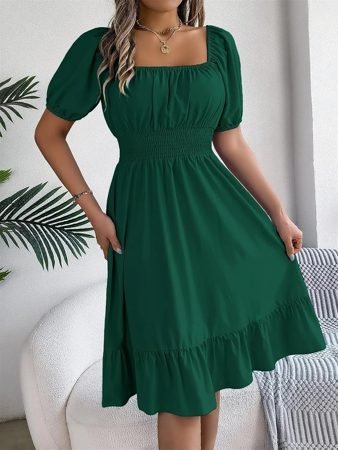 Women's Smocked Short Dress 2024 Casual Puff Short Sleeve Square Neck Ruffle Hem Midi Dress Beach Sundresses for Women