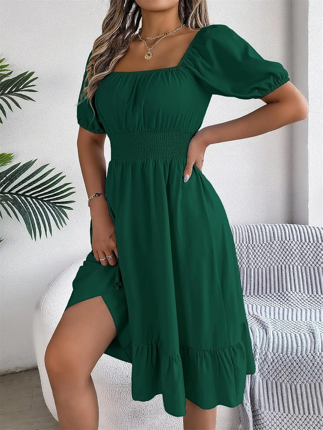 Women's Smocked Short Dress 2024 Casual Puff Short Sleeve Square Neck Ruffle Hem Midi Dress Beach Sundresses for Women