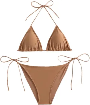 Women's Solid Color Halter Neck Tie - Side Bikini Set
