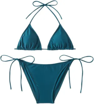 Women's Solid Color Halter Neck Tie - Side Bikini Set
