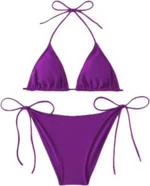 Women's Solid Color Halter Neck Tie - Side Bikini Set