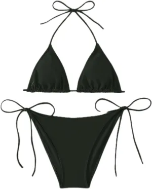 Women's Solid Color Halter Neck Tie - Side Bikini Set