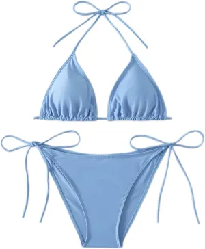Women's Solid Color Halter Neck Tie - Side Bikini Set
