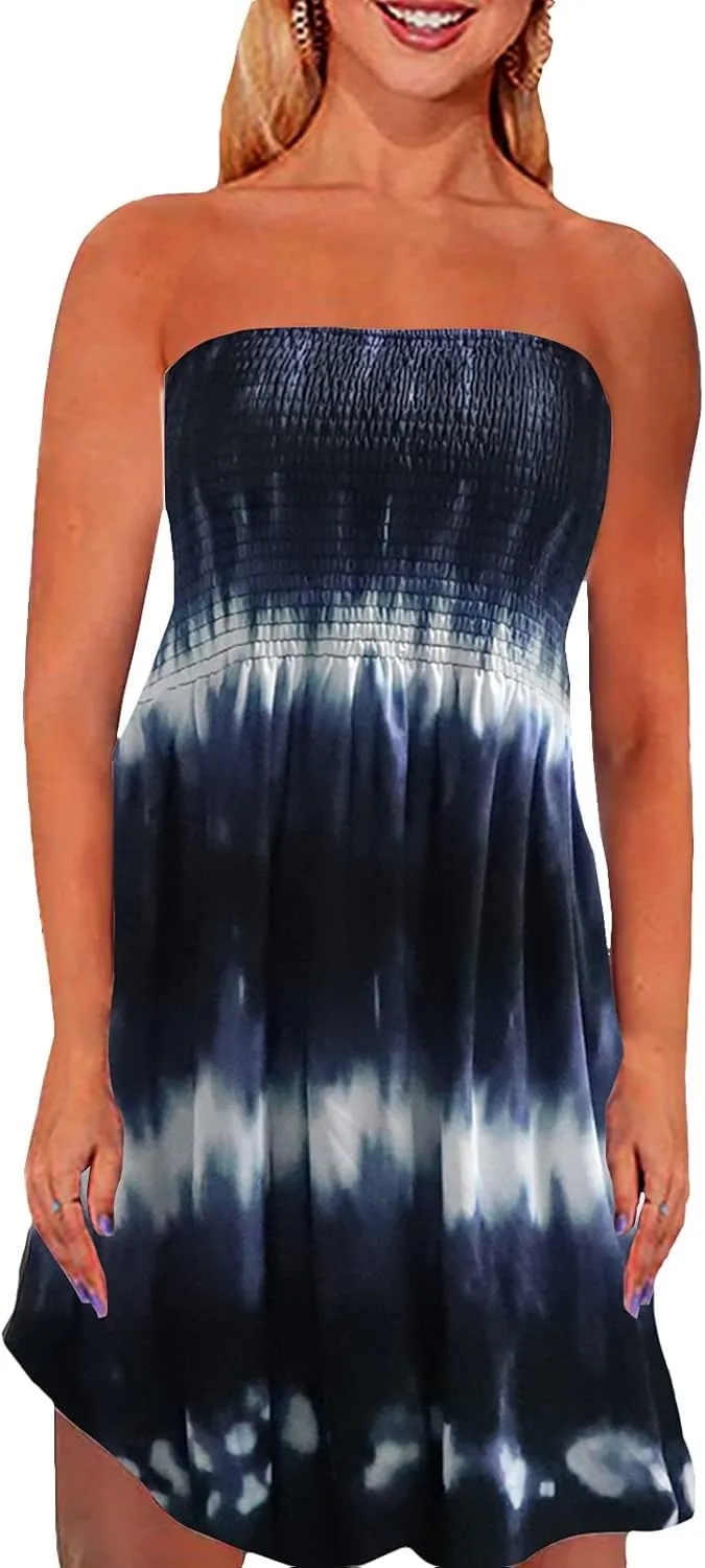 Women's Strapless Floral Bohemian Casual Mini Beach Dress Cover-ups Dress