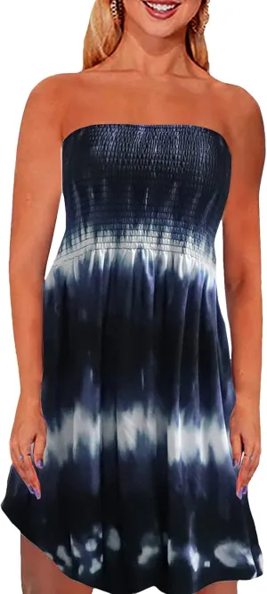Women's Strapless Floral Bohemian Casual Mini Beach Dress Cover-ups Dress