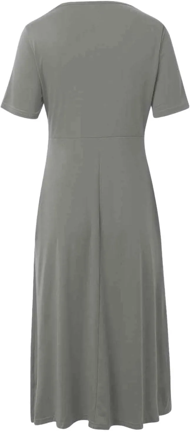 Women's Summer Dresses Casual Short Sleeve Long Dresses V Neck Flowy Tiered Midi Dress Beach Vacation Sundress with Pockets