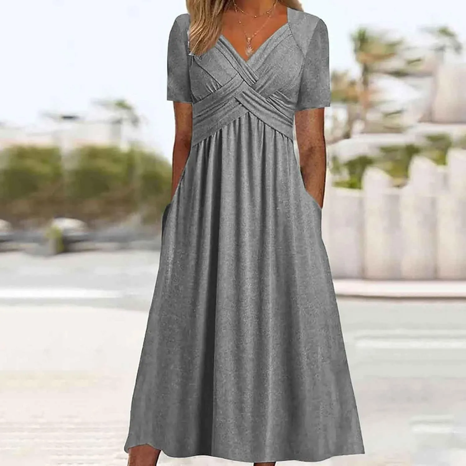 Women's Summer Dresses Casual Short Sleeve Long Dresses V Neck Flowy Tiered Midi Dress Beach Vacation Sundress with Pockets