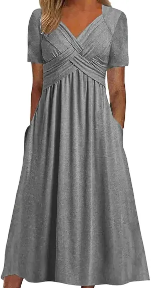 Women's Summer Dresses Casual Short Sleeve Long Dresses V Neck Flowy Tiered Midi Dress Beach Vacation Sundress with Pockets