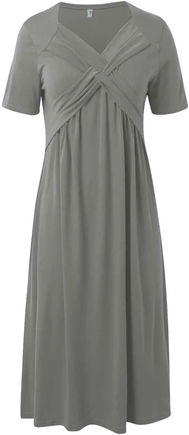 Women's Summer Dresses Casual Short Sleeve Long Dresses V Neck Flowy Tiered Midi Dress Beach Vacation Sundress with Pockets