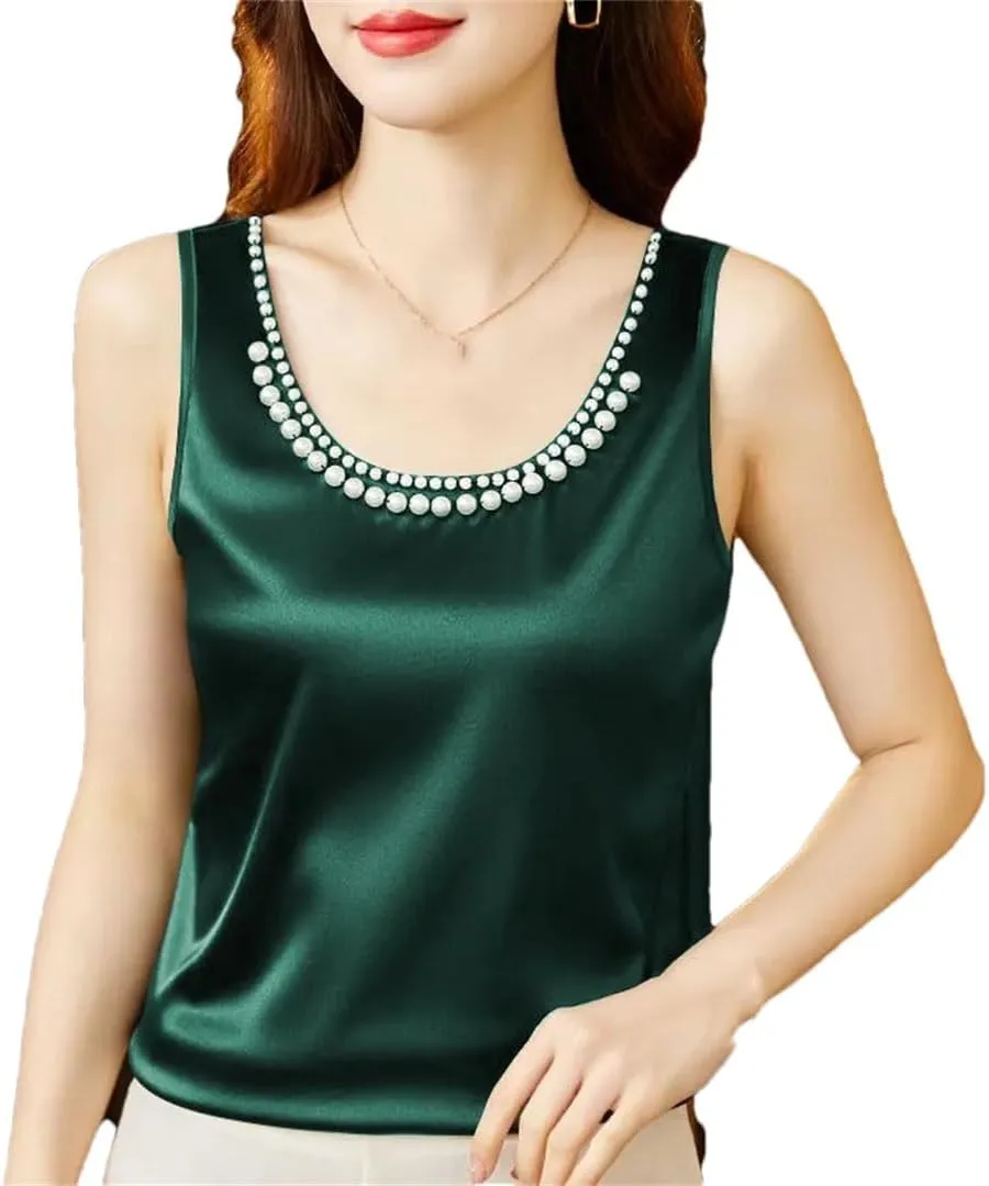 Women's Summer Solid Color Round Neck Beading Sleeveless Tops Fashion Loose All-Match Pullover Tanks Camisole