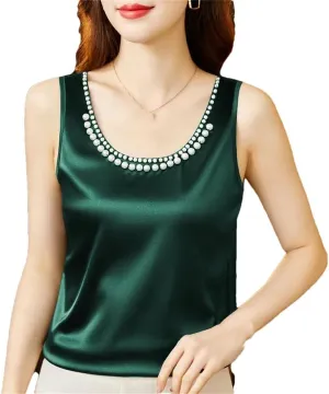 Women's Summer Solid Color Round Neck Beading Sleeveless Tops Fashion Loose All-Match Pullover Tanks Camisole