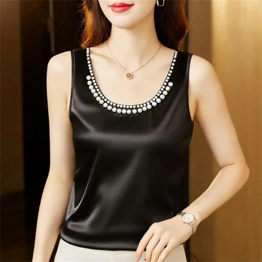Women's Summer Solid Color Round Neck Beading Sleeveless Tops Fashion Loose All-Match Pullover Tanks Camisole