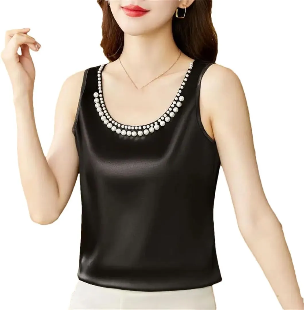 Women's Summer Solid Color Round Neck Beading Sleeveless Tops Fashion Loose All-Match Pullover Tanks Camisole