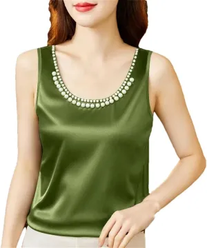 Women's Summer Solid Color Round Neck Beading Sleeveless Tops Fashion Loose All-Match Pullover Tanks Camisole