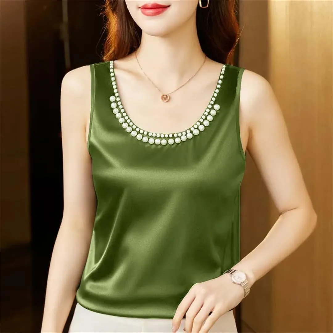 Women's Summer Solid Color Round Neck Beading Sleeveless Tops Fashion Loose All-Match Pullover Tanks Camisole
