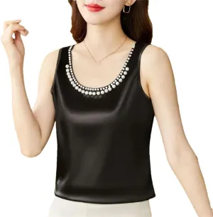 Women's Summer Solid Color Round Neck Beading Sleeveless Tops Fashion Loose All-Match Pullover Tanks Camisole