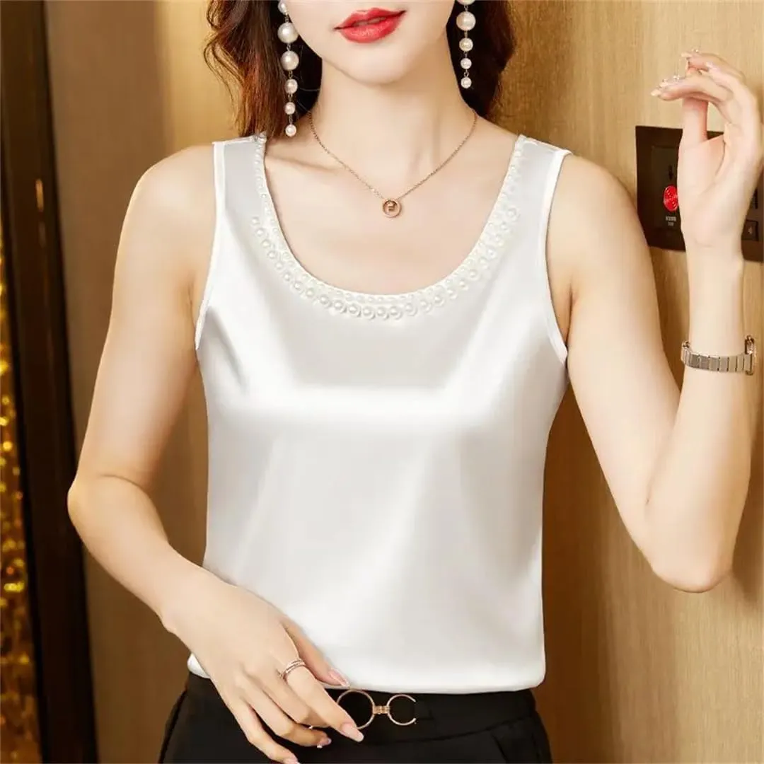 Women's Summer Solid Color Round Neck Beading Sleeveless Tops Fashion Loose All-Match Pullover Tanks Camisole