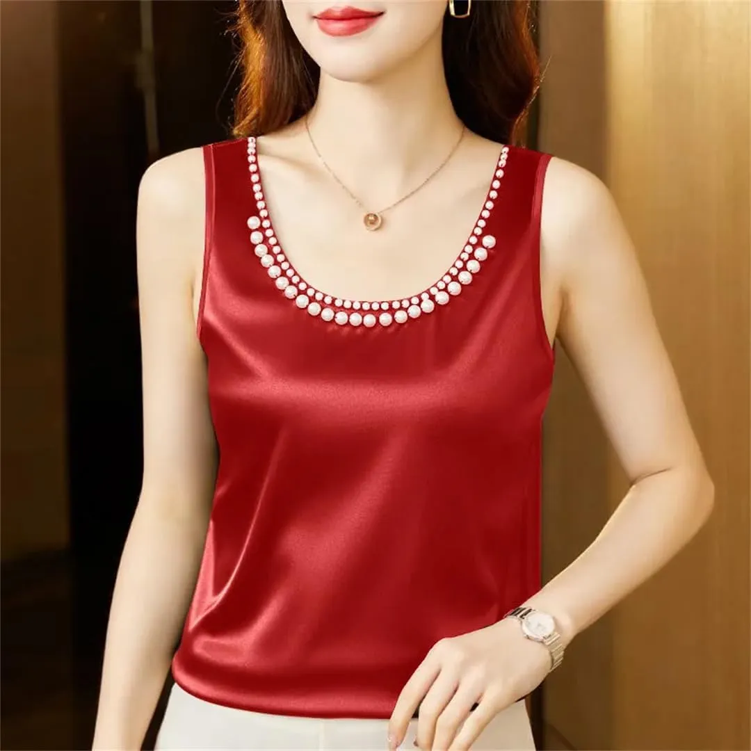 Women's Summer Solid Color Round Neck Beading Sleeveless Tops Fashion Loose All-Match Pullover Tanks Camisole