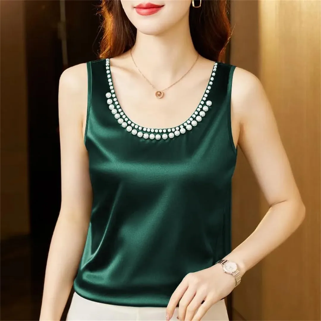 Women's Summer Solid Color Round Neck Beading Sleeveless Tops Fashion Loose All-Match Pullover Tanks Camisole