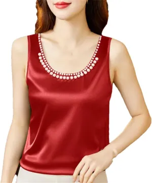 Women's Summer Solid Color Round Neck Beading Sleeveless Tops Fashion Loose All-Match Pullover Tanks Camisole