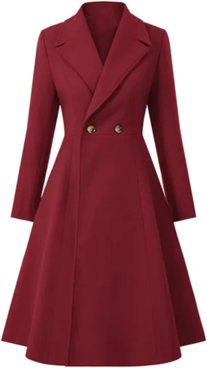 Women's Swing Double Breasted Coat Wool Blends Trench Jacket Long Sleeve Lapel Collar Winter Long Overcoat