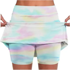 Women's Tennis Golf Mini Skirts with Pockets Casual High Waisted Elastic Tie Dye Skorts Summer Workout Skirt Inner Shorts